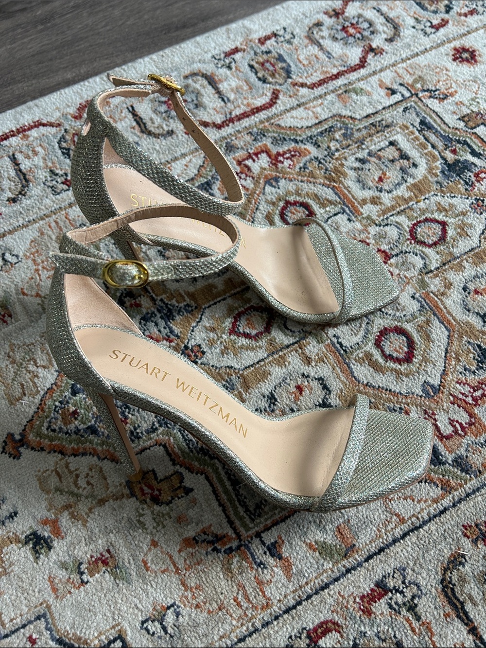 Stuart Weitzman Glitter Ankle-Strap Heels in Metallic Gold